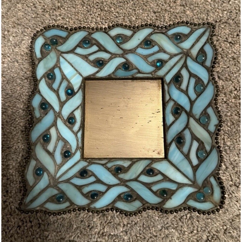 PartyLite Spring Water Aqua Blue Gem Stained Glass Pillar Square Candle Holder